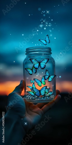 Butterflies and fireflies fly out of the jar. photo