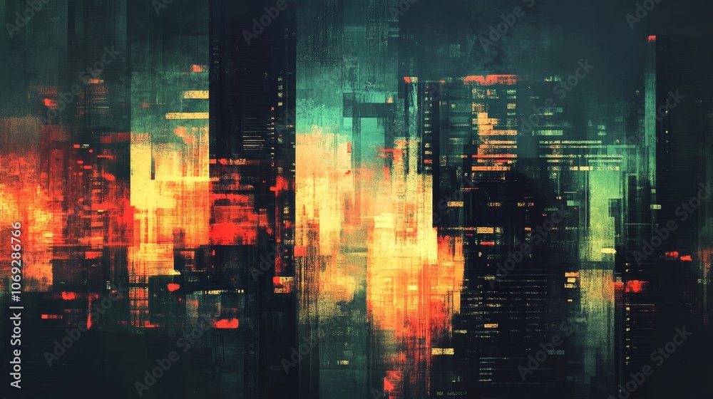An abstract cityscape merging warm and cool tones in a futuristic light, capturing the urban spirit and dynamic urban life in an imaginative digital painting style.