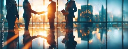 Wallpaper Mural Silhouetted businesspeople shaking hands in an office with a sunset cityscape background. Torontodigital.ca
