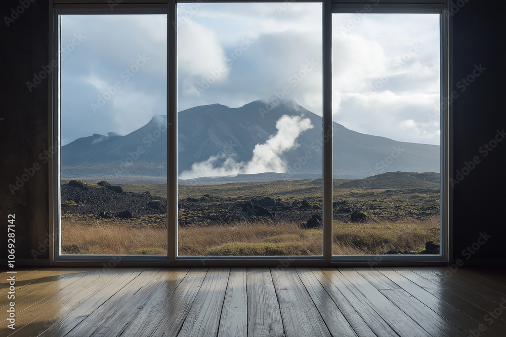 Window View of Active Volcano from Research Hut – Volcanic Research Exploration Scene Window View of Active Volcano from Research Hut – Volcanic Research Exploration Scene
