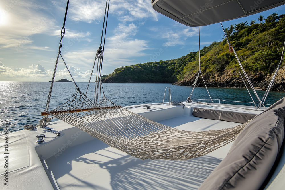 Fototapeta premium Classic Catamaran with Hammock Tied on Deck – Secluded Island Summer Escape