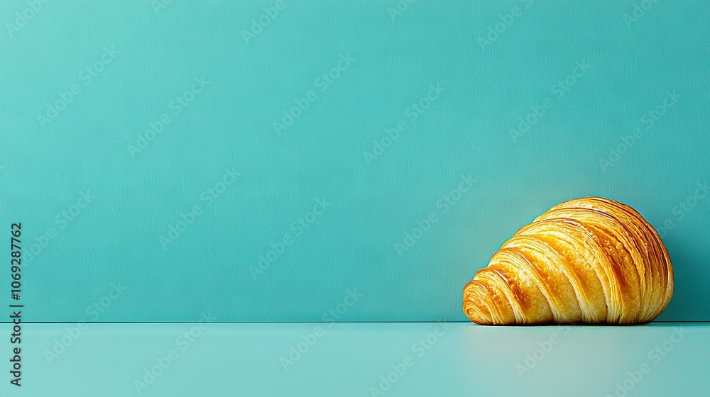 A close-up shot of a croissant sitting on a table against a blue background on either side A close-up shot of a croissant sitting on a table against a blue background on either side