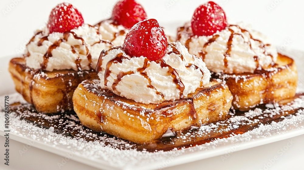 White plate with French toast covered in whipped cream and strawberries atop a mound of powdered sugar White plate with French toast covered in whipped cream and strawberries atop a mound of powdered sugar