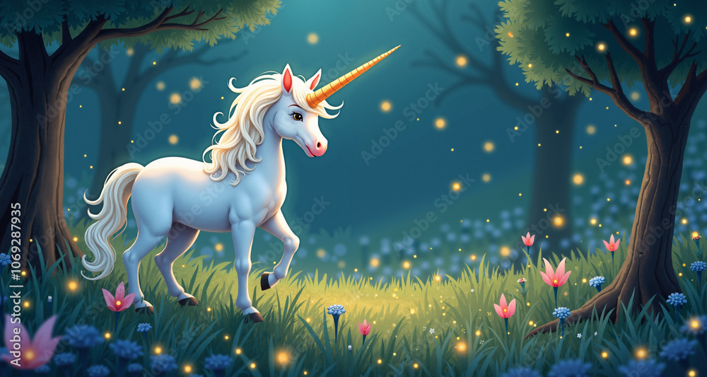 A white unicorn in a magical garden, illuminated by the soft glow of fireflies. The image portrays a serene and enchanting moment, highlighting the unicorn's mythical presence A white unicorn in a magical garden, illuminated by the soft glow of fireflies. The image portrays a serene and enchanting moment, highlighting the unicorn's mythical presence