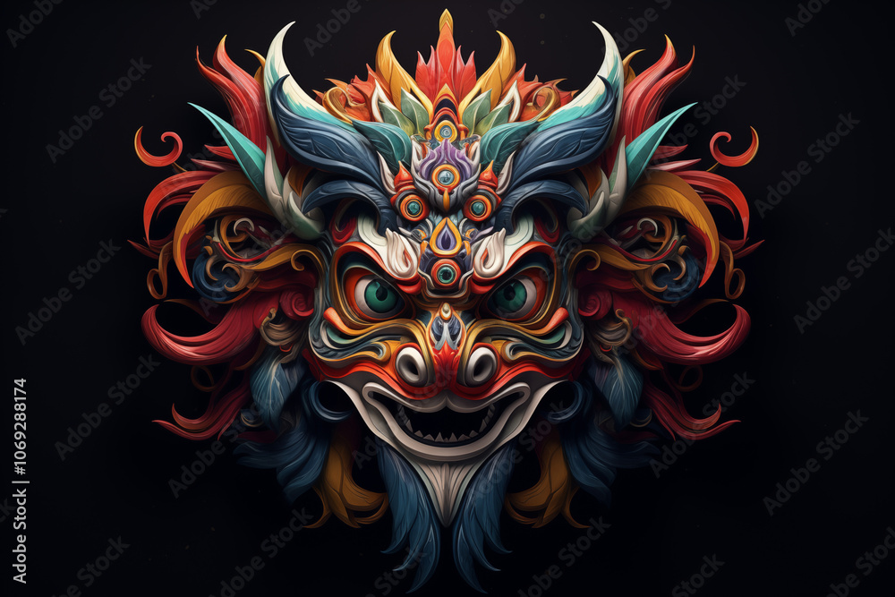 Naklejka premium Colorful abstract lion mask design with intricate patterns and vibrant colors, ideal for artistic projects and creative expressions.