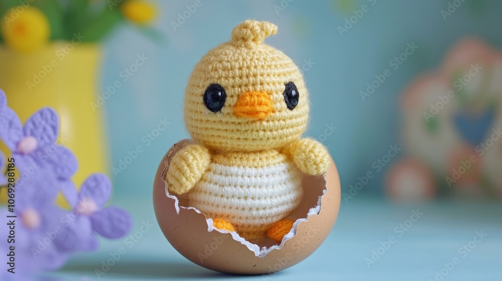 A delightful crochet chick sits snugly in a cracked eggshell, capturing a sense of whimsy and cuteness with its bright colors and adorable features. A delightful crochet chick sits snugly in a cracked eggshell, capturing a sense of whimsy and cuteness with its bright colors and adorable features.