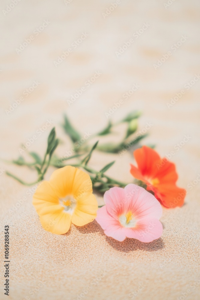 Colorful tropical flowers on sandy beach Colorful tropical flowers on sandy beach