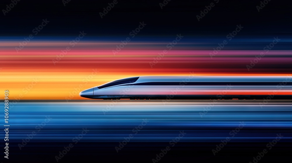 High-speed train over orange, blue, and red sky on water High-speed train over orange, blue, and red sky on water
