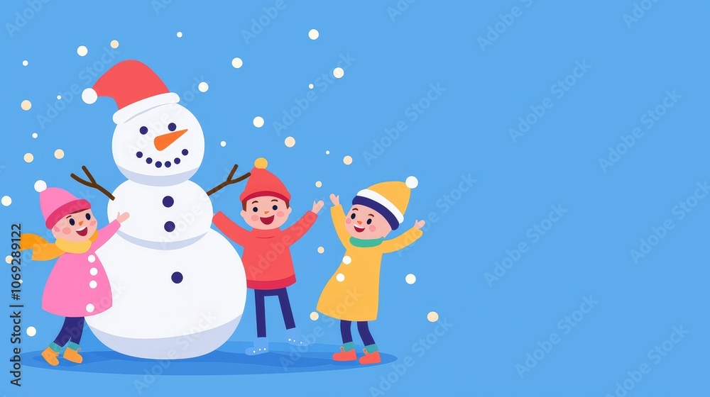 Kids joyfully build a funny snowman with a goofy face to celebrate the holiday season