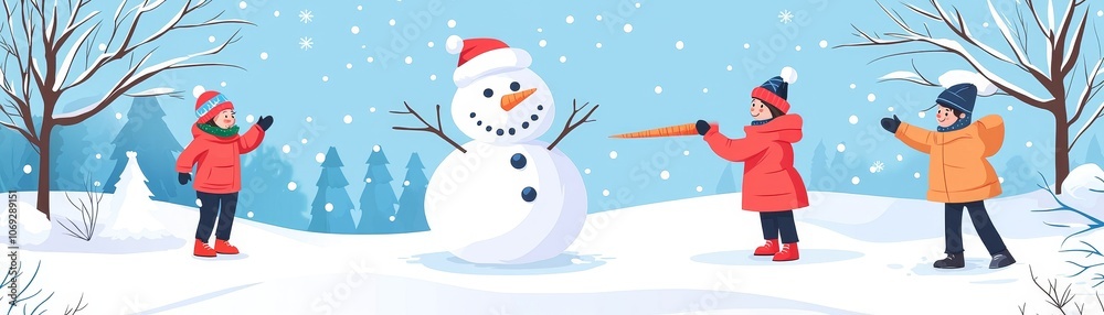 Kids build a fun snowman with a huge carrot nose while playing in the winter wonderland Kids build a fun snowman with a huge carrot nose while playing in the winter wonderland