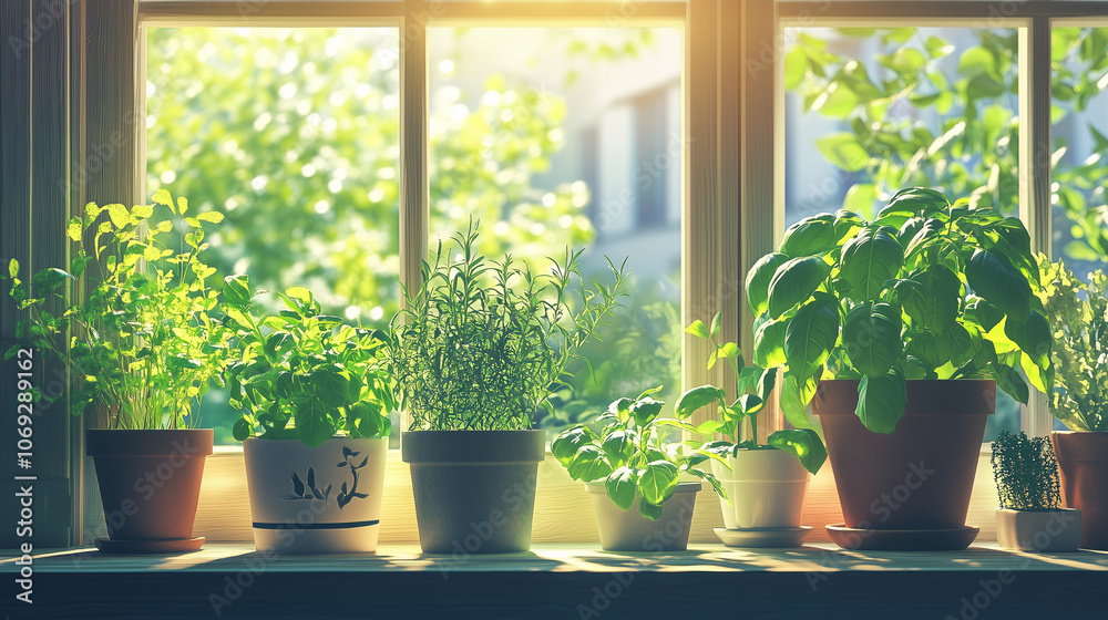 Herbs on windowsill. Potted plants. Indoor greenhouse. Succulents. Houseplants. Air-purifying plants. Indoor plant care.  Home decor with plants. Miniature garden.