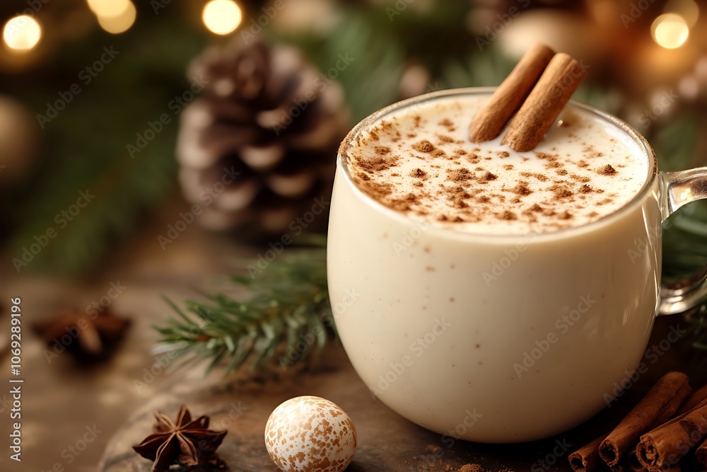 A close-up of a steaming mug of eggnog with cinnamon sticks and nutmeg A close-up of a steaming mug of eggnog with cinnamon sticks and nutmeg