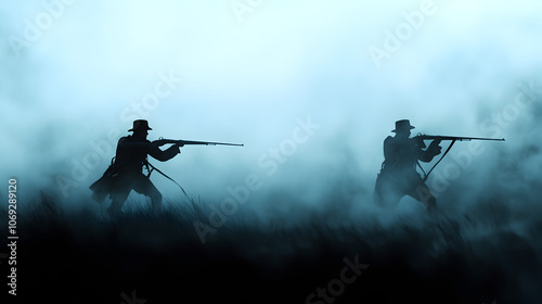 Two Napoleonic infantry soldiers charging forward, bayonets fixed, amidst a sea of smoke. Minimalist chaos with a focus on their movements.


 photo