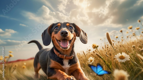 AI-generated image of a cute Dachshund puppy running in a golden field