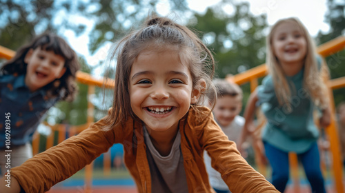 A cheerful group of children playing games in a playground.