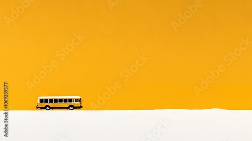  A school bus sits on a snowy field with a yellow backdrop and black/white bus in the foreground photo