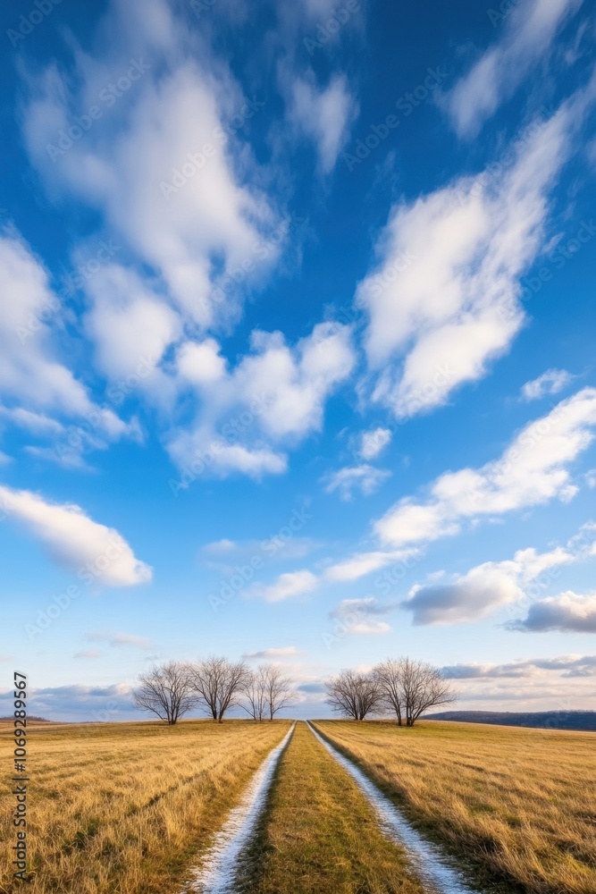 Fototapeta premium Scenic country road leading through a golden field under a dramatic cloudy sky