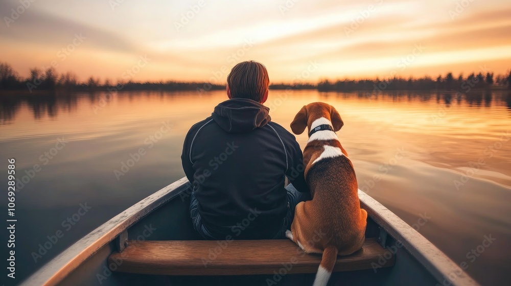 Man and dog enjoying peaceful sunset view from boat on lake Man and dog enjoying peaceful sunset view from boat on lake