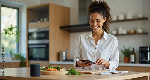 Young adult using a smart speaker in the kitchen while cooking, highlighting convenience and utility of AI-powered devices. photo