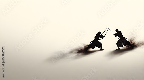 Two samurai clashing in a minimalist courtyard, their katanas locked in combat. Clean lines and focused movement with an empty background.



