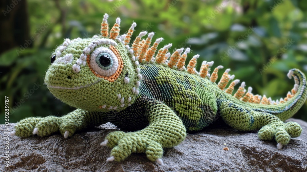 Fototapeta premium Realistic crocheted iguana with striking details and lively colors, calmly resting on a stone, beautifully captures the essence of nature and craftsmanship.