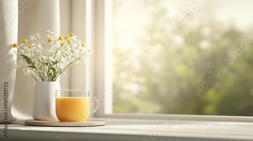  Vase of flowers and orange juice on windowsill under bright sunlight