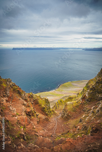 Breathtaking perspective from Bolafjall lookout in Westfjords, Iceland, overlooking Ísafjarðardjúp and rugged coastline. photo