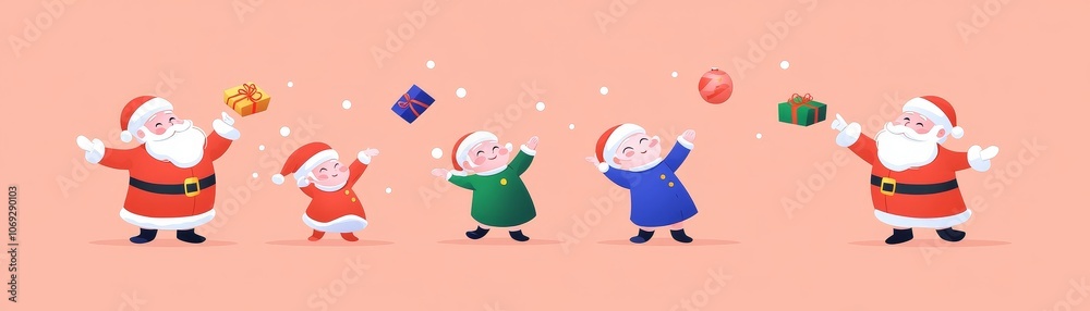 Santa juggling gifts while kids hilariously try to catch them for a fun holiday experience Santa juggling gifts while kids hilariously try to catch them for a fun holiday experience