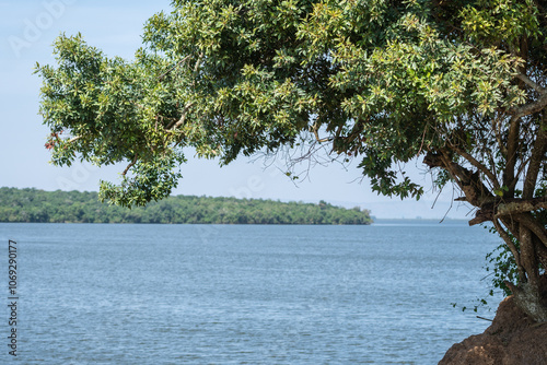 A vast Lake Mburo with majestic mountains in the background, Uganda