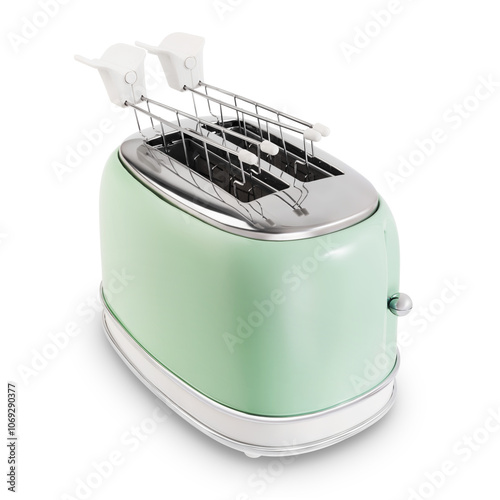 Classic vintage kitchen toaster for toasting bread slices at home, appliance from the front view, isolated on white background.