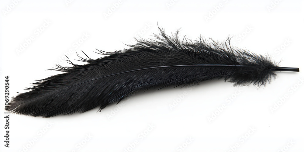 Elegant black feather on white background: minimalist nature and texture