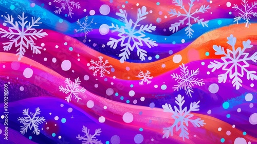 Create a whimsical christmas background with colorful snowflakes and vibrant patterns for seasonal cheer
