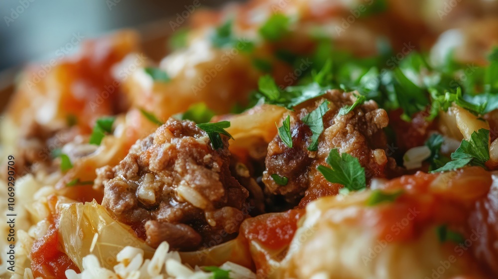 A close-up of a delicious dish featuring stuffed cabbage rolls with meat and rice, garnished. A close-up of a delicious dish featuring stuffed cabbage rolls with meat and rice, garnished.