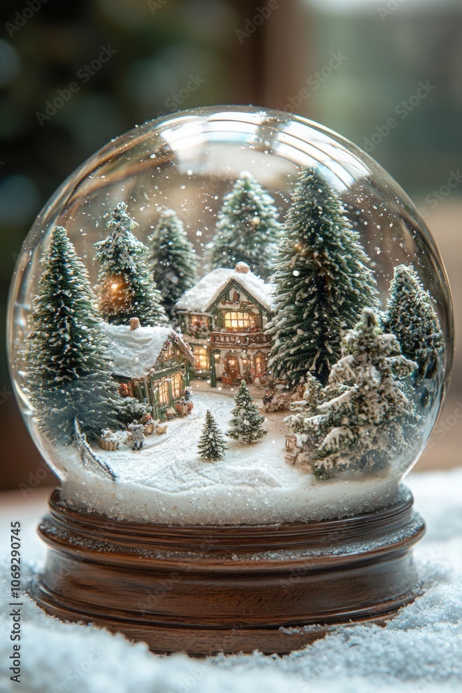 A snowy winter village inside a glass globe with pine trees and cozy cottages A snowy winter village inside a glass globe with pine trees and cozy cottages