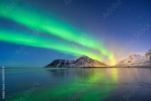 Obraz na płótnie Aurora Borealis in Scandinavia. Norway, Lofoten islands. Northern lights over the mountains. Starry sky. Winter landscape on the north. Photo for background, wallpaper, postcards. w salonie