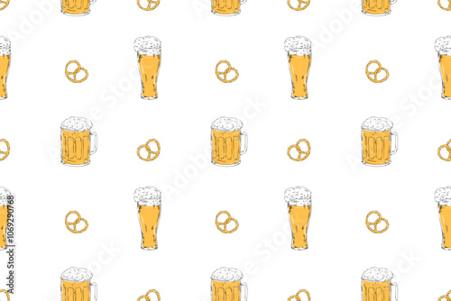 Beer glass, mug vector line illustration doodle food drink alcohol bar pub seamless pattern, bertzel, salted snack, textile design wrapping paper Octoberfest holidays weekend barbecue 