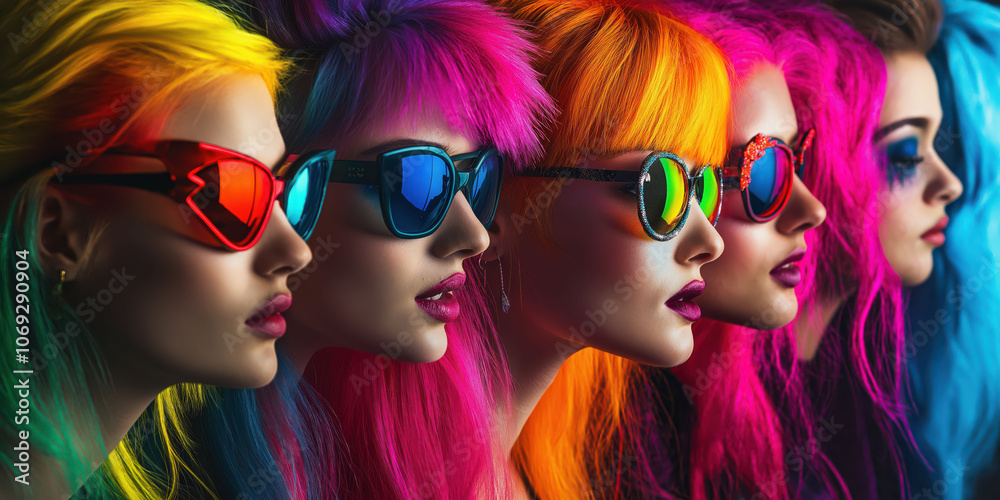 Vibrant fashion: colorful hair and sunglasses in trendy portrait lineup Vibrant fashion: colorful hair and sunglasses in trendy portrait lineup