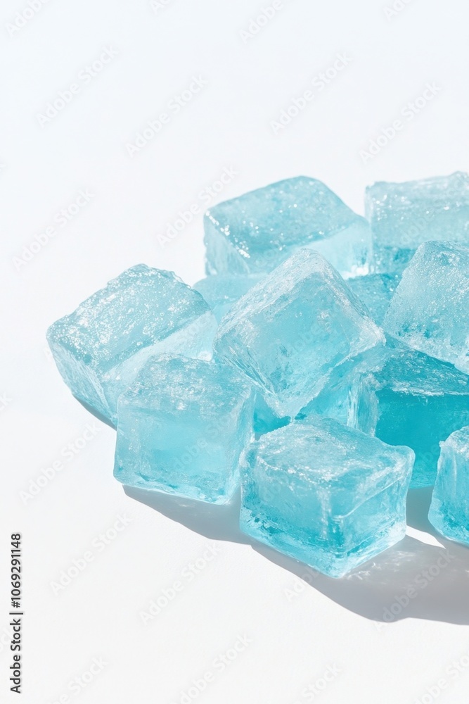 Sparkling blue ice cubes on a white background