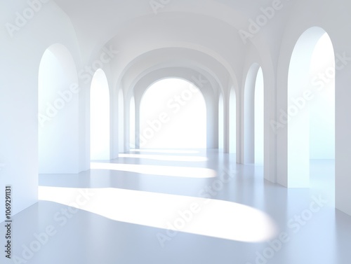 Minimalistic white corridor with arched windows and soft natural light.