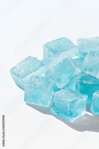 Sparkling blue ice cubes on a white background