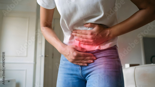 Photo of a Person Holding Their Lower Abdomen with a Red Glow Highlighting Pain or Discomfort