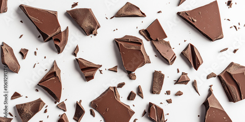 Scattered chocolate chunks on white background: vibrant confectionery delight