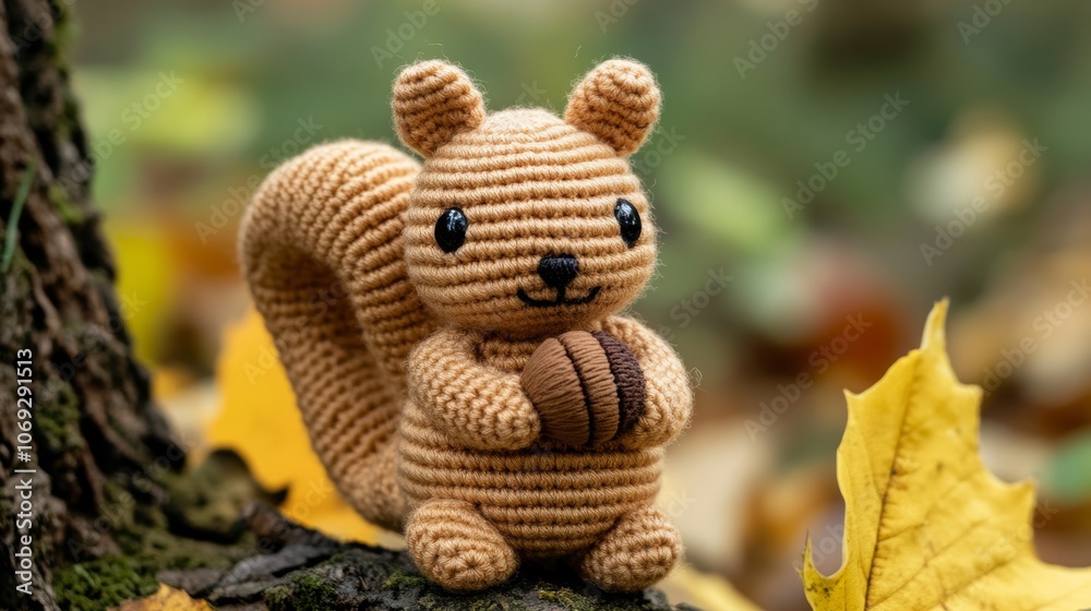 This image features a crocheted squirrel with an acorn, surrounded by autumn leaves, capturing the whimsical essence of nature's playful and cozy atmosphere. This image features a crocheted squirrel with an acorn, surrounded by autumn leaves, capturing the whimsical essence of nature's playful and cozy atmosphere.