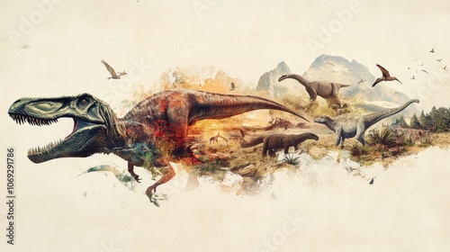 A watercolor painting of a group of dinosaurs in a prehistoric landscape. photo