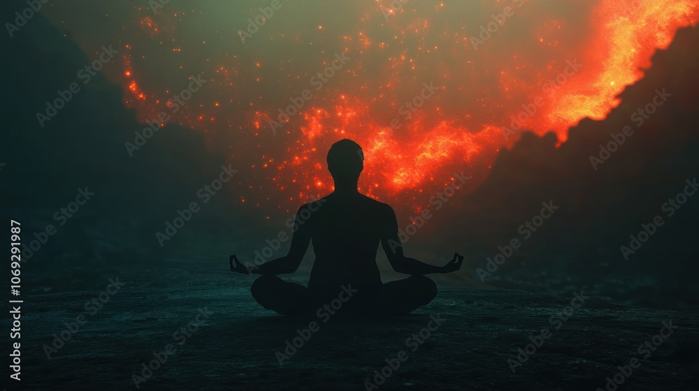A silhouette meditates against a backdrop of fiery, volcanic-like scenery. A silhouette meditates against a backdrop of fiery, volcanic-like scenery.