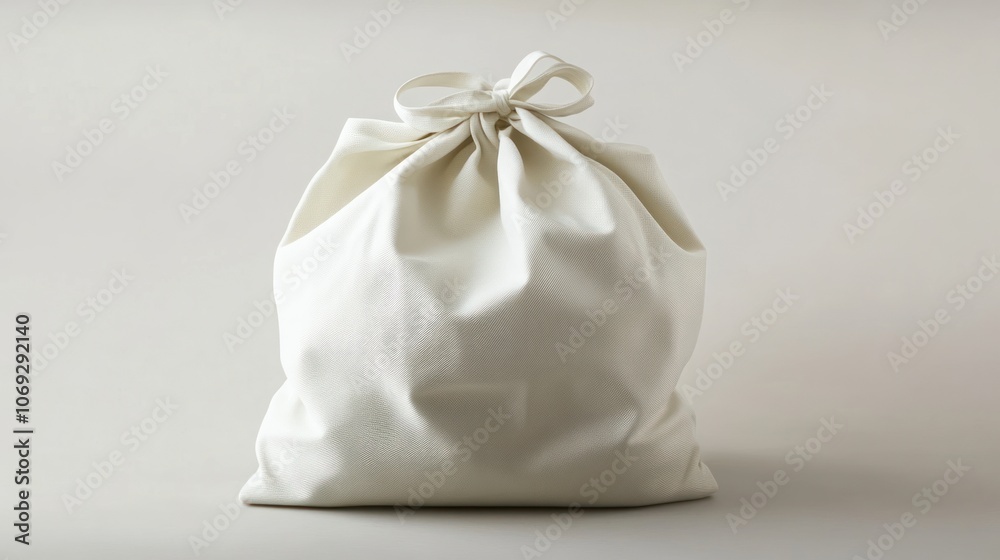 A white fabric bag tied at the top, suggesting storage or carrying purpose.