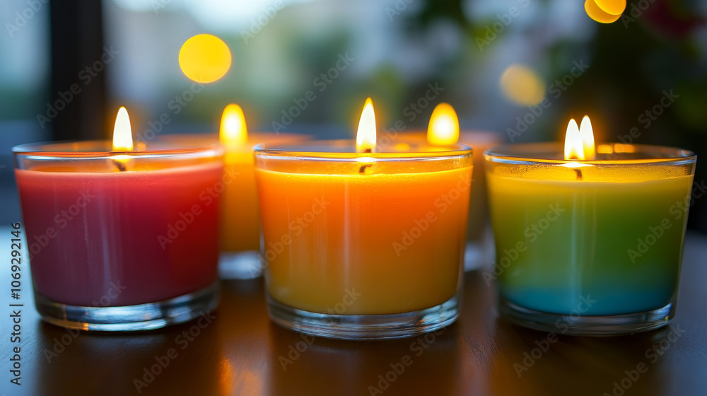 A vibrant display of aroma candles with colorful wax, arranged artfully to create an inviting and cheerful ambiance. A vibrant display of aroma candles with colorful wax, arranged artfully to create an inviting and cheerful ambiance.