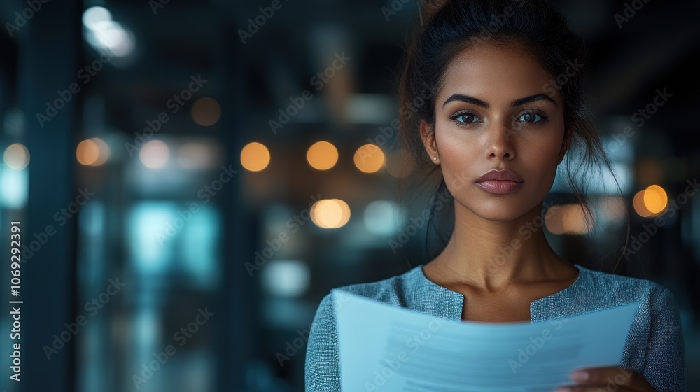 Obraz premium A focused woman examines paperwork while standing in a stylish office with ambient lighting