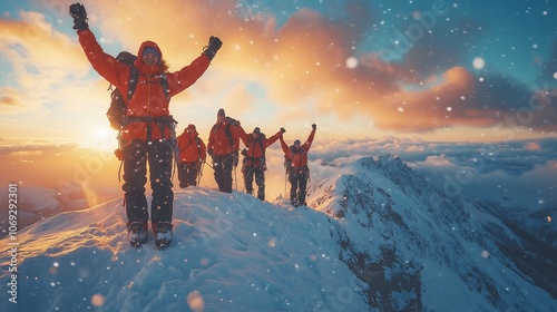 Mountaineers celebrating on snowy mountain summit at sunrise