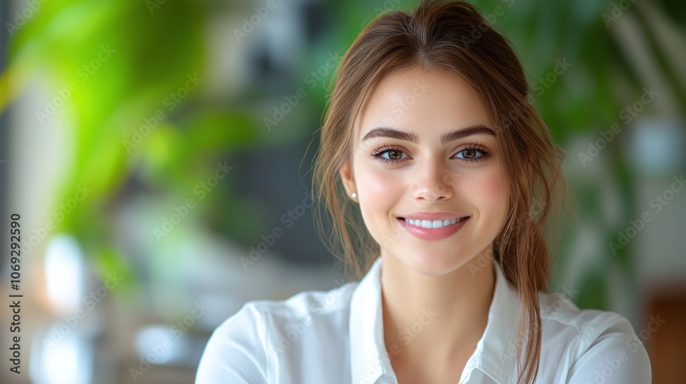 A cheerful young woman enjoys a moment indoors, radiating positivity in a green environment A cheerful young woman enjoys a moment indoors, radiating positivity in a green environment